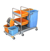 Wózek serwisowy do sprzątania z tworzywa sztucznego wiadra 2 x 20l, wyciskarka do mopa płaskiego 2 x kuweta, 2x worek na odpady 120 lSplast TSZ-0019