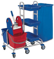 Wózek serwisowy do sprzątania na chromowanej konstrukcji 2x20L wiadra, wyciskarka do mopa płaskiego, worek na odpady 120l, 3x kuweta Splast MIN-0003